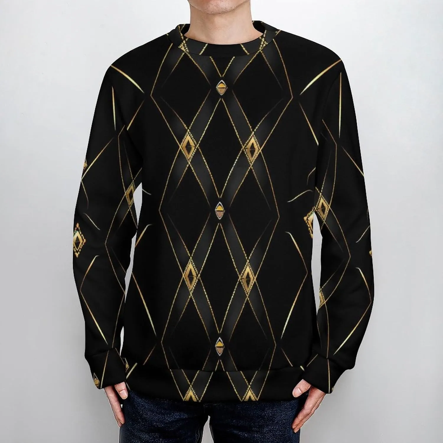 Golden Abstract Black Geometry Crew Neck Sweater Oversized Long Sleeve Pure Cotton Casual Knit Pullover Sweatshirt