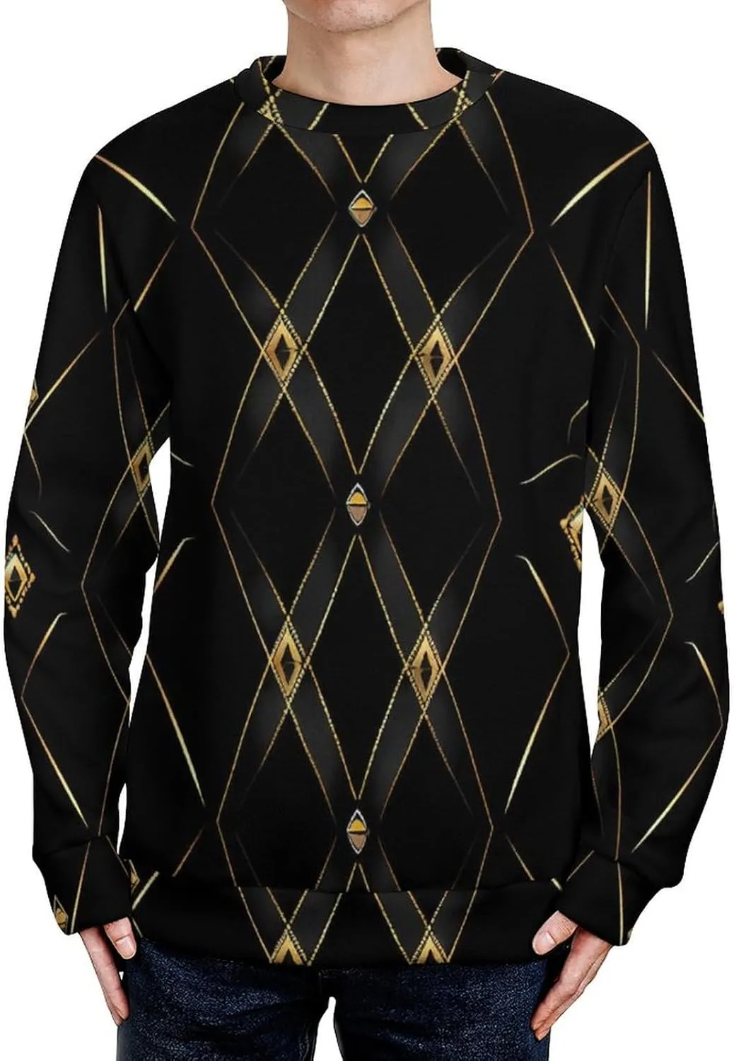 Golden Abstract Black Geometry Crew Neck Sweater Oversized Long Sleeve Pure Cotton Casual Knit Pullover Sweatshirt