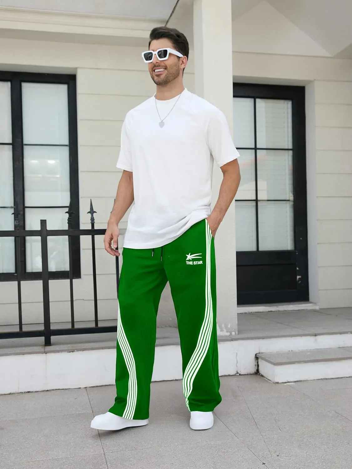 GORGLITTER Men's Baggy Wide Leg Sweatpants Y2K Striped Side Drawstring Waist Barrel Track Pants with Pockets