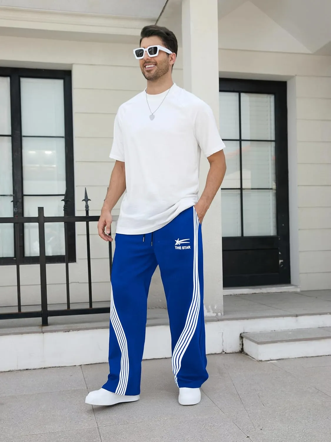 GORGLITTER Men's Baggy Wide Leg Sweatpants Y2K Striped Side Drawstring Waist Barrel Track Pants with Pockets