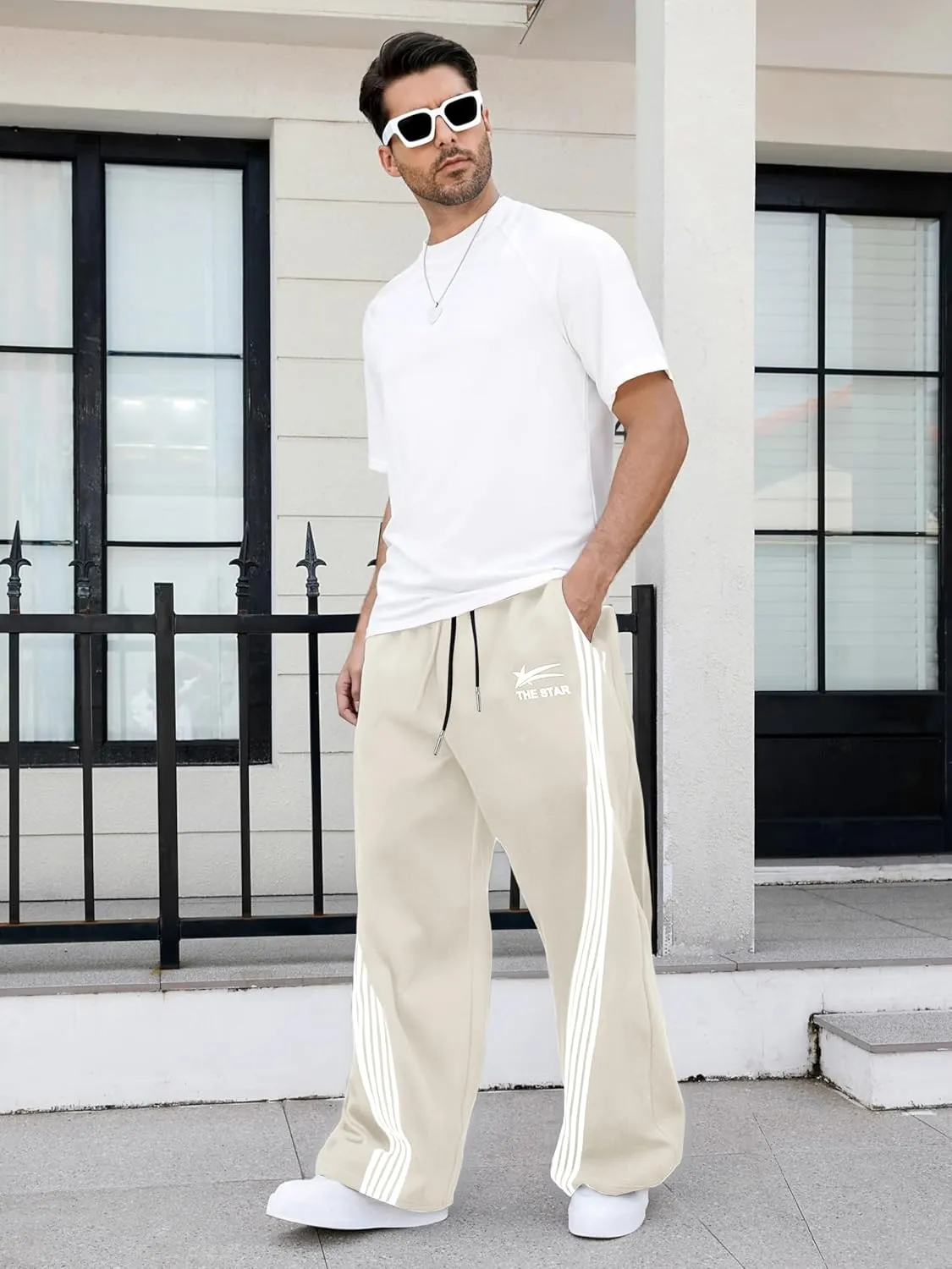 GORGLITTER Men's Baggy Wide Leg Sweatpants Y2K Striped Side Drawstring Waist Barrel Track Pants with Pockets