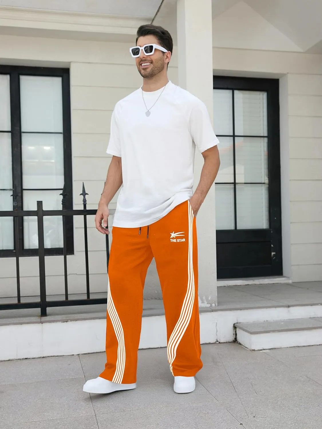 GORGLITTER Men's Baggy Wide Leg Sweatpants Y2K Striped Side Drawstring Waist Barrel Track Pants with Pockets