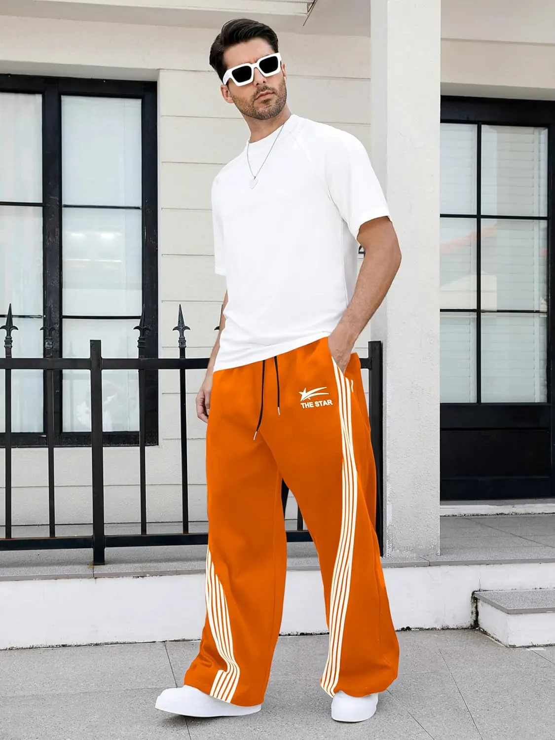 GORGLITTER Men's Baggy Wide Leg Sweatpants Y2K Striped Side Drawstring Waist Barrel Track Pants with Pockets