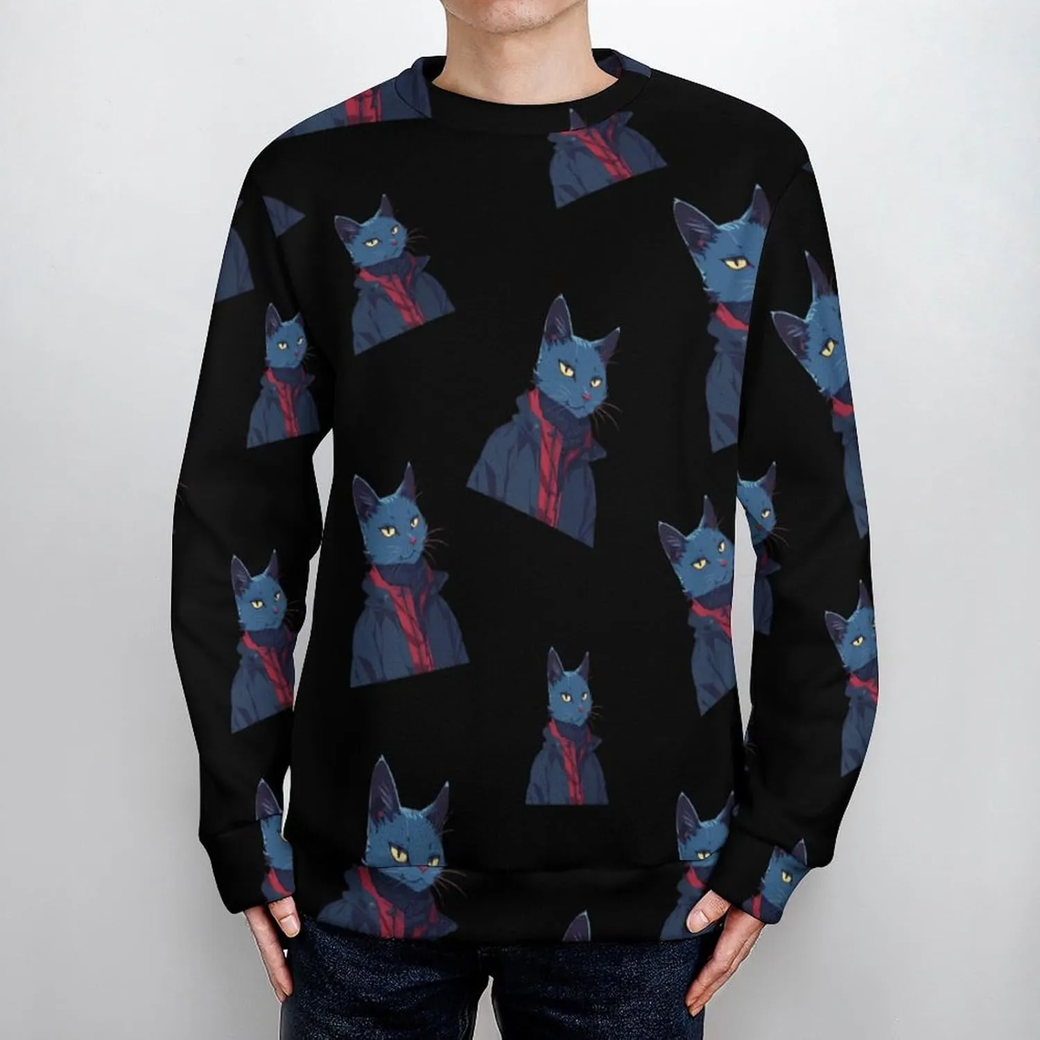 Handsome Meow Cat Crew Neck Sweater Oversized Long Sleeve Pure Cotton Casual Knit Pullover Sweatshirt