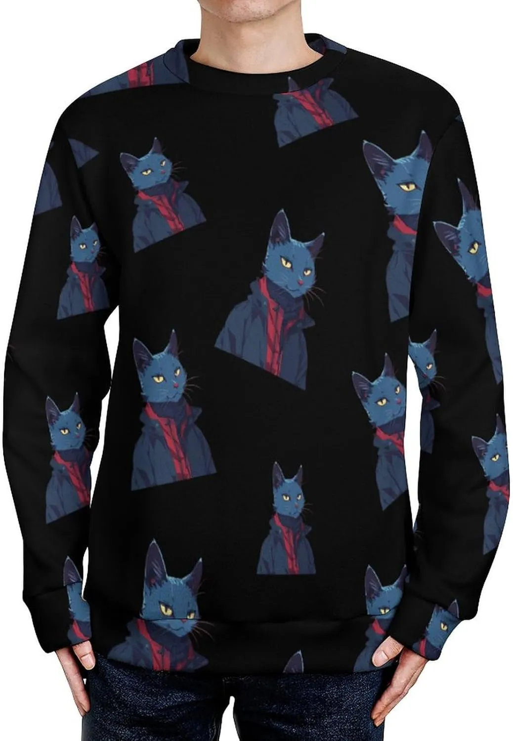 Handsome Meow Cat Crew Neck Sweater Oversized Long Sleeve Pure Cotton Casual Knit Pullover Sweatshirt