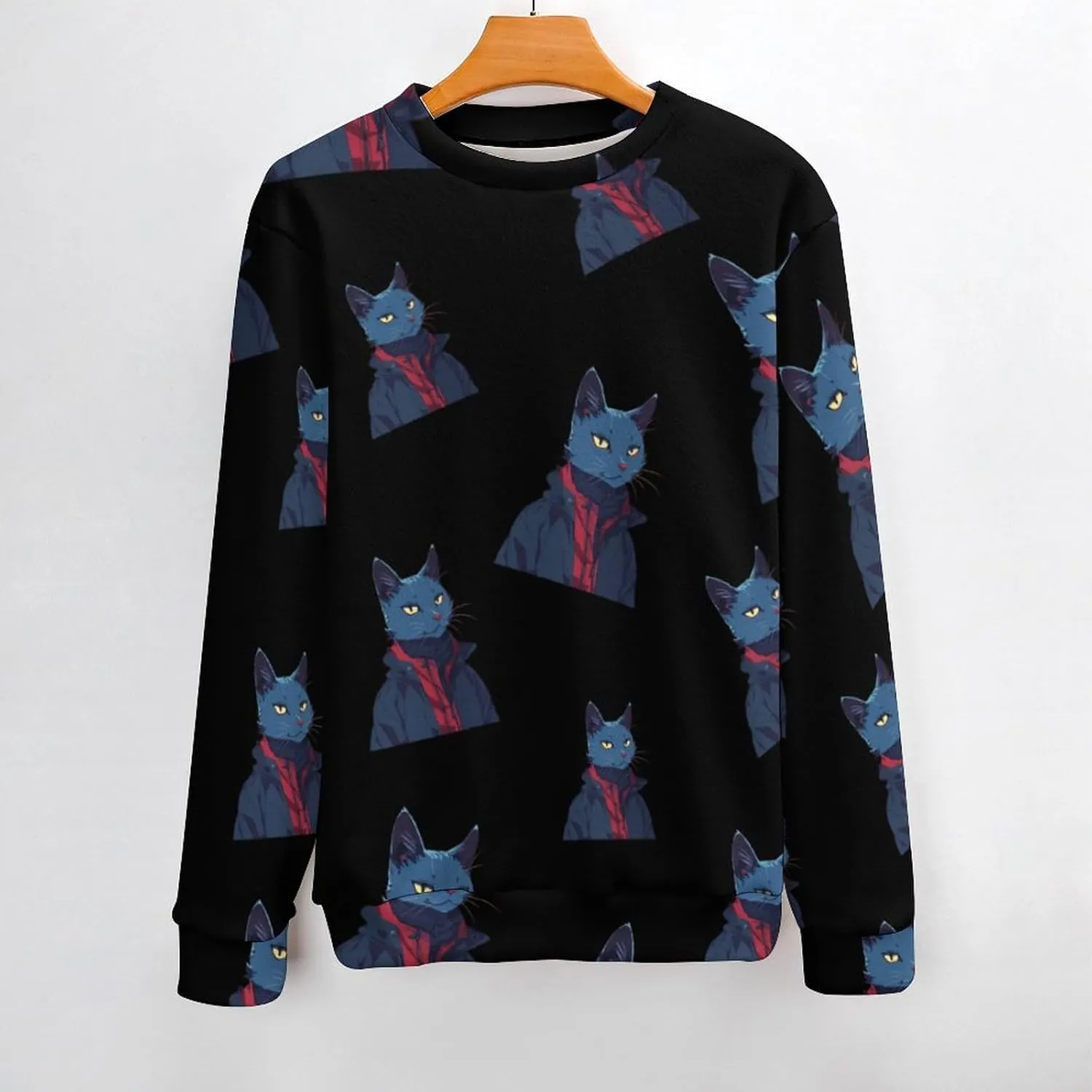 Handsome Meow Cat Crew Neck Sweater Oversized Long Sleeve Pure Cotton Casual Knit Pullover Sweatshirt