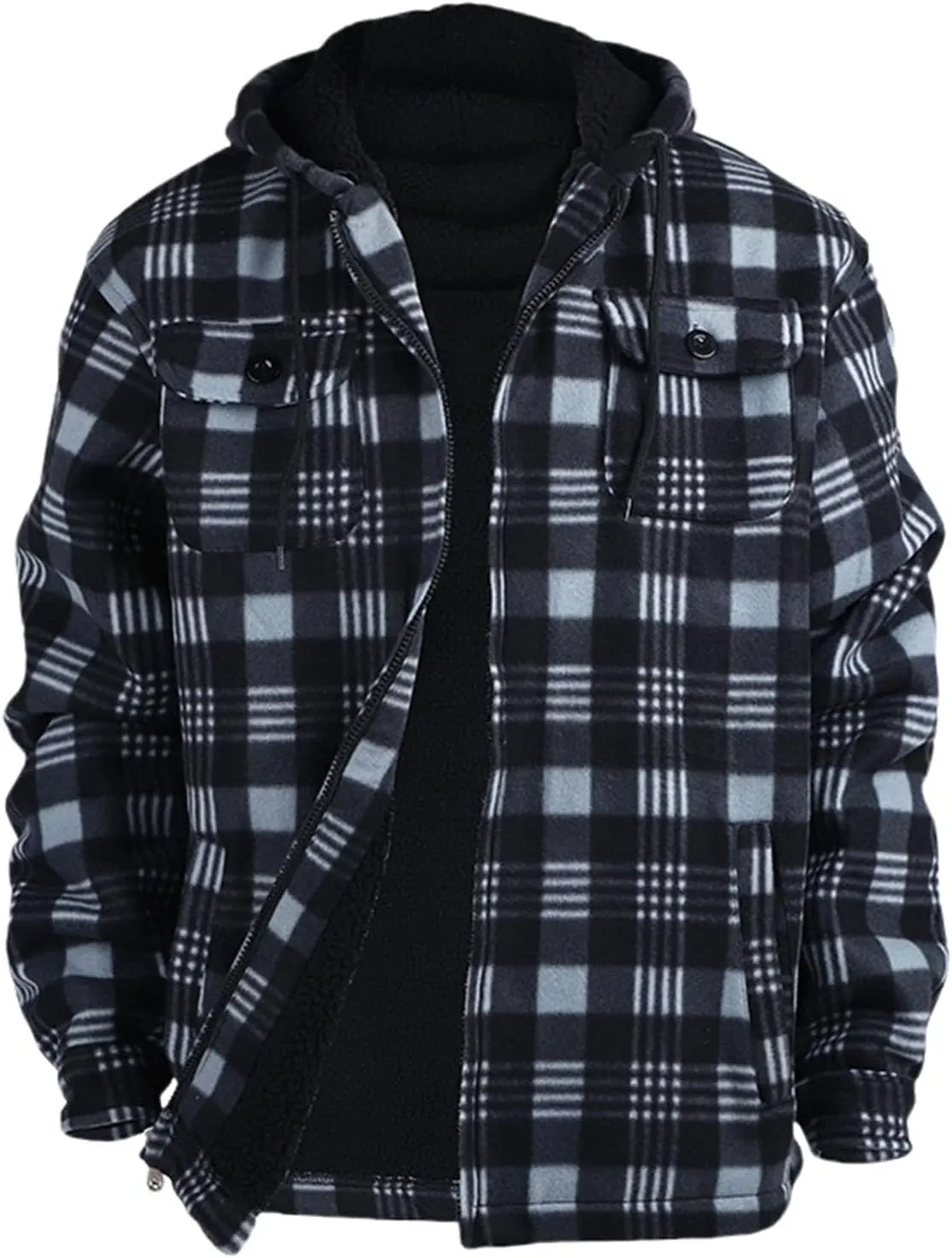 Heavy Thick Flannel Plaid Jacket Sherpa Fleece Lined Hoodies for Men Zip Up Warm Winter Coat Big&Tall Mens Coat Hooded