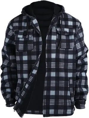 Heavy Thick Flannel Plaid Jacket Sherpa Fleece Lined Hoodies for Men Zip Up Warm Winter Coat Big&Tall Mens Coat Hooded