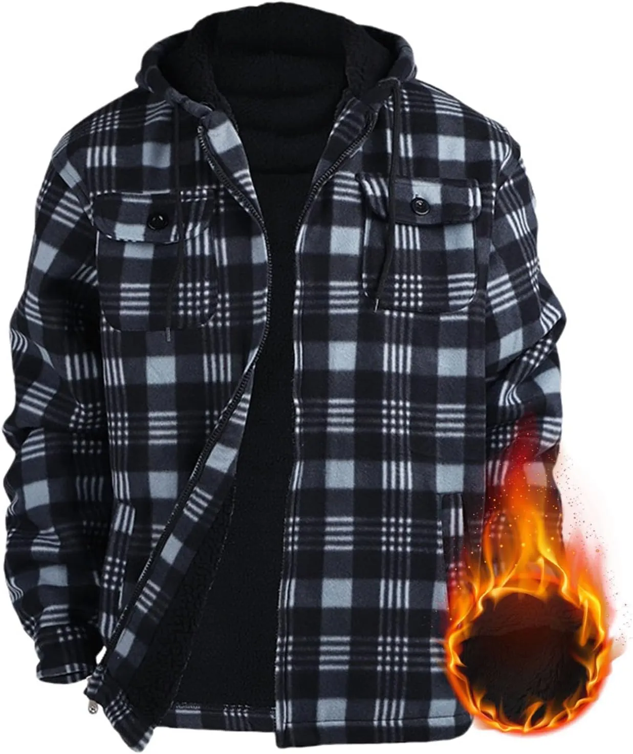 Heavy Thick Flannel Plaid Jacket Sherpa Fleece Lined Hoodies for Men Zip Up Warm Winter Coat Big&Tall Mens Coat Hooded