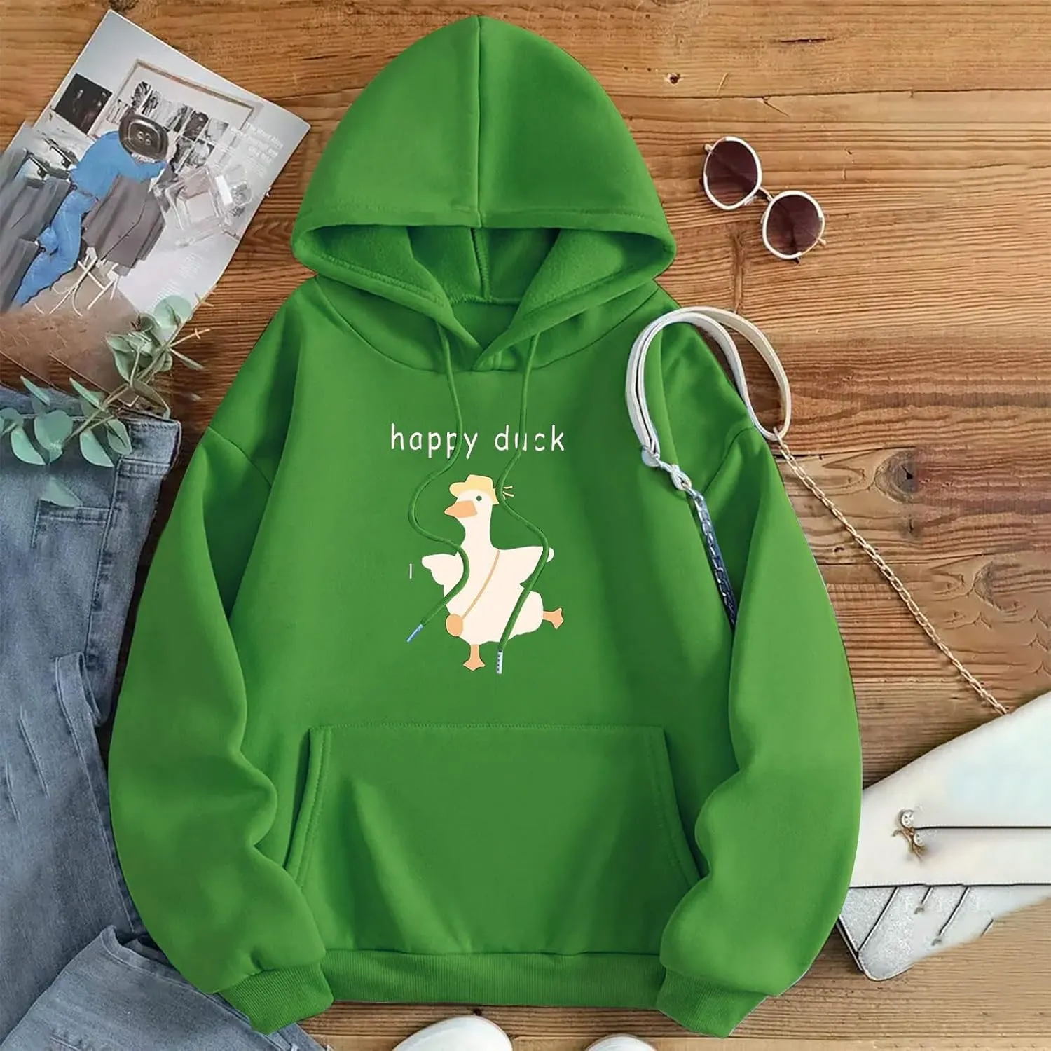 Heevina Hoodies For Women Cute Happy Duck Goose Printed Pockets Loose Hooded Sweatshirts Fall 2024