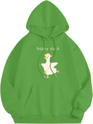 Heevina Hoodies For Women Cute Happy Duck Goose Printed Pockets Loose Hooded Sweatshirts Fall 2024