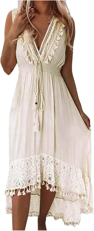 HGps8w Summer Boho High Low Lace Dress for Women, Casual V Neck Spaghetti Strap Tassels Trim Midi Dresses for Wedding Party
