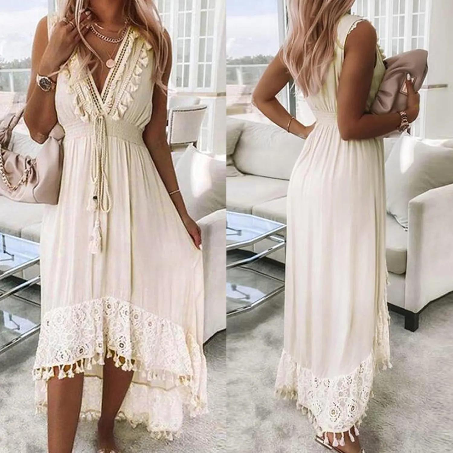 HGps8w Summer Boho High Low Lace Dress for Women, Casual V Neck Spaghetti Strap Tassels Trim Midi Dresses for Wedding Party