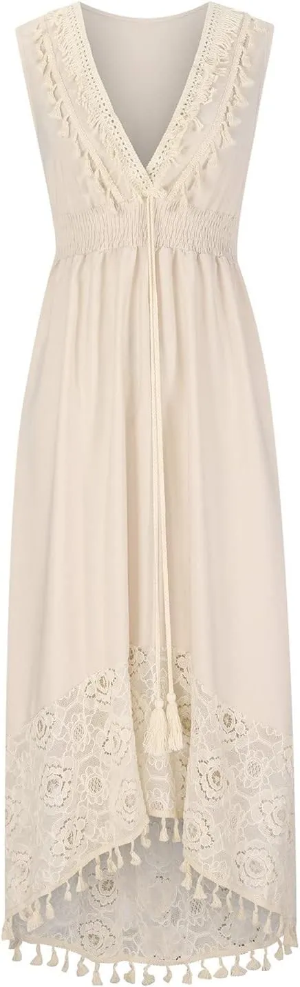 HGps8w Summer Boho High Low Lace Dress for Women, Casual V Neck Spaghetti Strap Tassels Trim Midi Dresses for Wedding Party