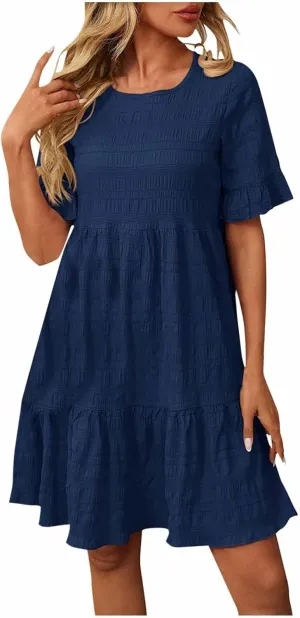 HGps8w Summer Dress for Women Boho Ruffle Trim Casual Crew Neck Loose Short Sleeve Swing Mini Beach Sun Dress