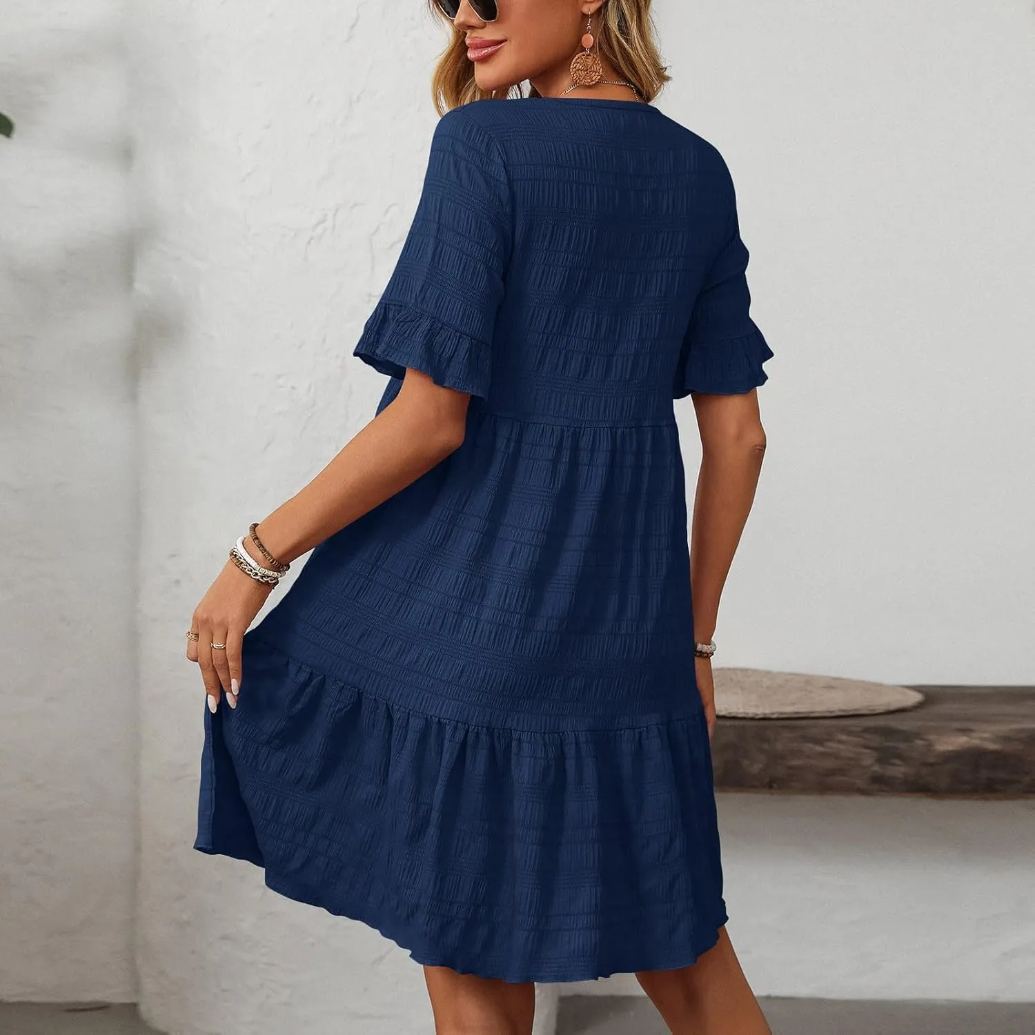 HGps8w Summer Dress for Women Boho Ruffle Trim Casual Crew Neck Loose Short Sleeve Swing Mini Beach Sun Dress