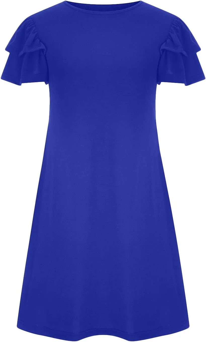 HGps8w Women 2025 Mini Dresses Summer Casual Ruffle Short Sleeve Cute Crew Neck Solid Color Flowy Dress with Pockets