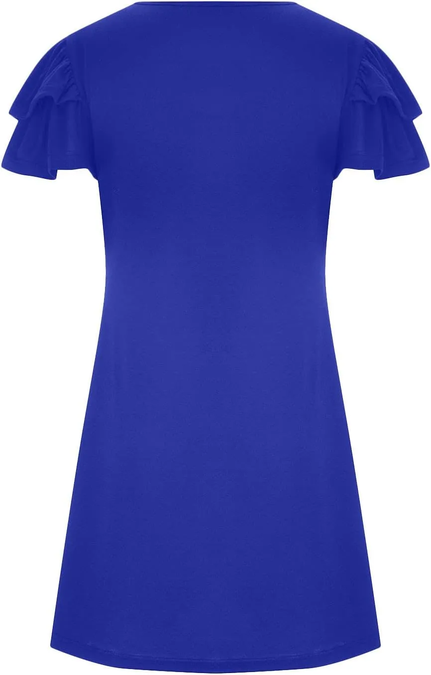 HGps8w Women 2025 Mini Dresses Summer Casual Ruffle Short Sleeve Cute Crew Neck Solid Color Flowy Dress with Pockets