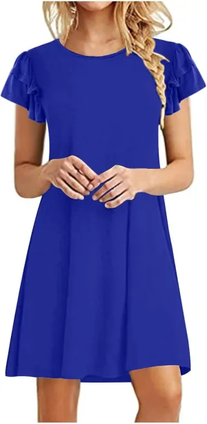 HGps8w Women 2025 Mini Dresses Summer Casual Ruffle Short Sleeve Cute Crew Neck Solid Color Flowy Dress with Pockets