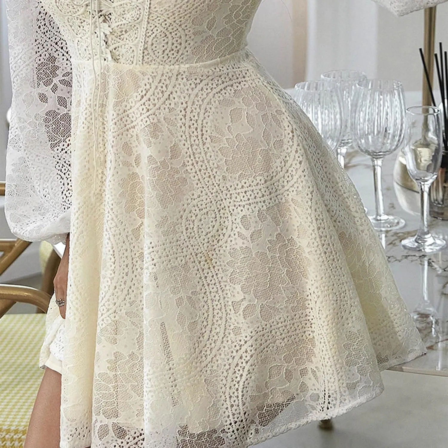 HGps8w Women Off The Shoulder Floral Lace Mini Dress Casual Solid Lantern Long Sleeve A-Line Swing Cocktail Party Dresses