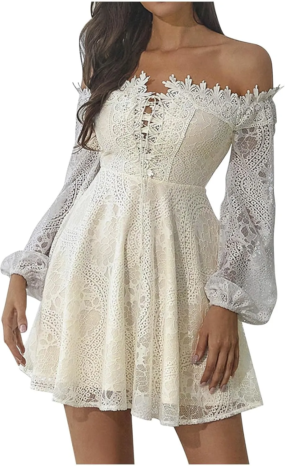 HGps8w Women Off The Shoulder Floral Lace Mini Dress Casual Solid Lantern Long Sleeve A-Line Swing Cocktail Party Dresses