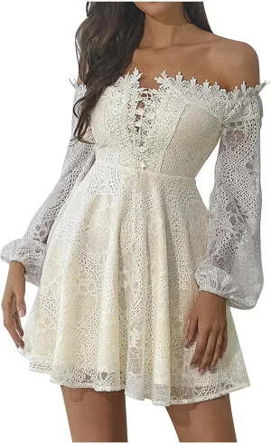 HGps8w Women Off The Shoulder Floral Lace Mini Dress Casual Solid Lantern Long Sleeve A-Line Swing Cocktail Party Dresses