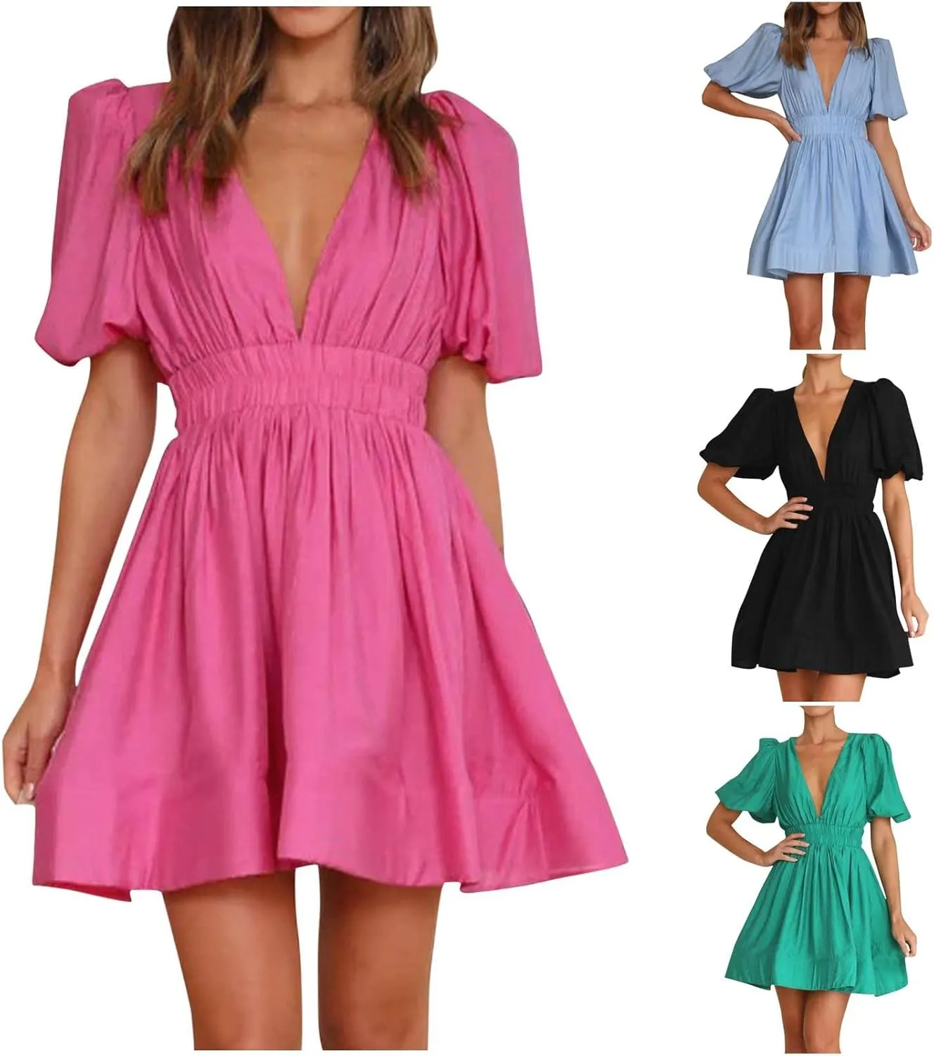 HGps8w Womens Puff Sleeve Cute A-Line Mini Dress Sexy Deep V Neck High Waisted Ruffle Short Dress Party Club Dresses