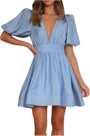 HGps8w Womens Puff Sleeve Cute A-Line Mini Dress Sexy Deep V Neck High Waisted Ruffle Short Dress Party Club Dresses