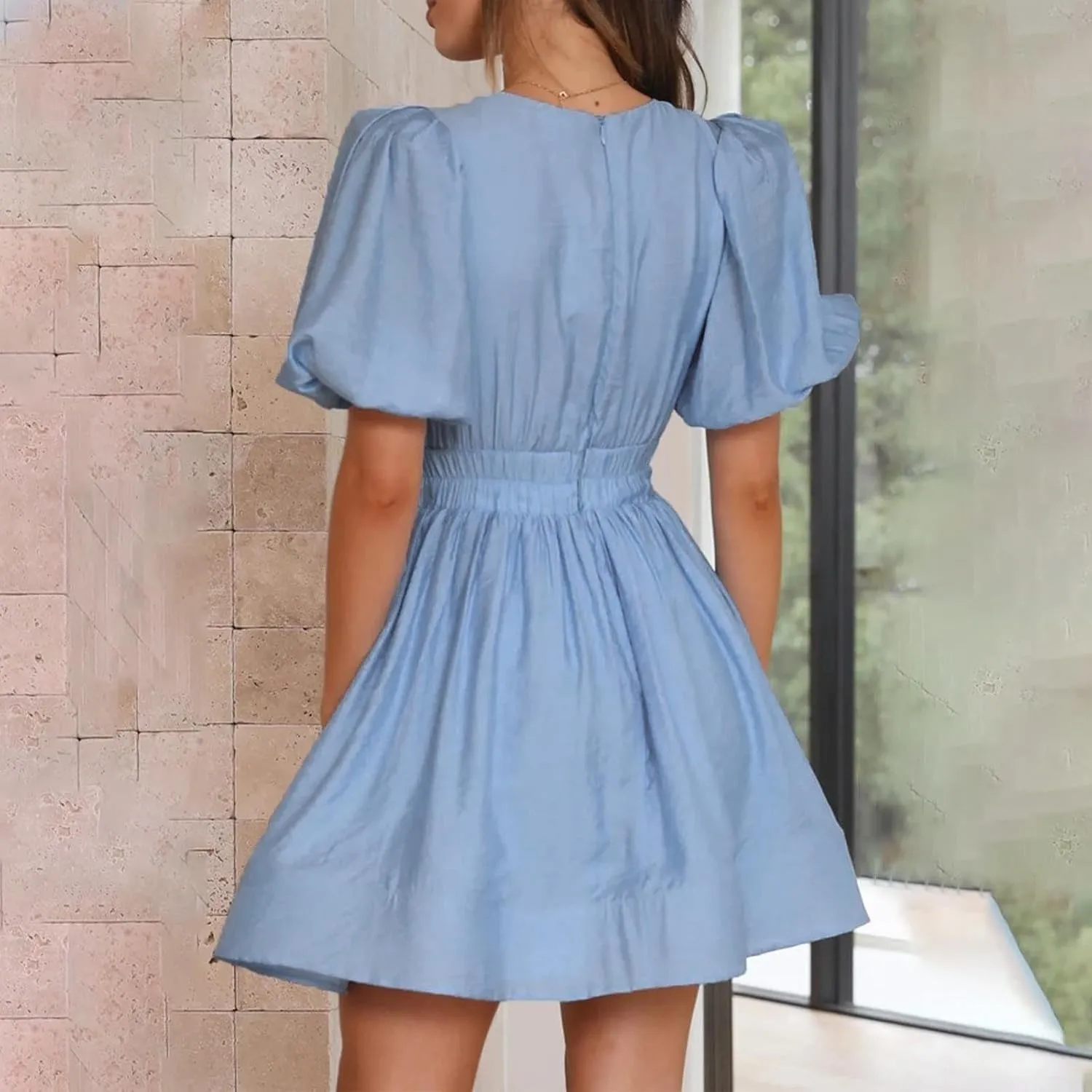 HGps8w Womens Puff Sleeve Cute A-Line Mini Dress Sexy Deep V Neck High Waisted Ruffle Short Dress Party Club Dresses