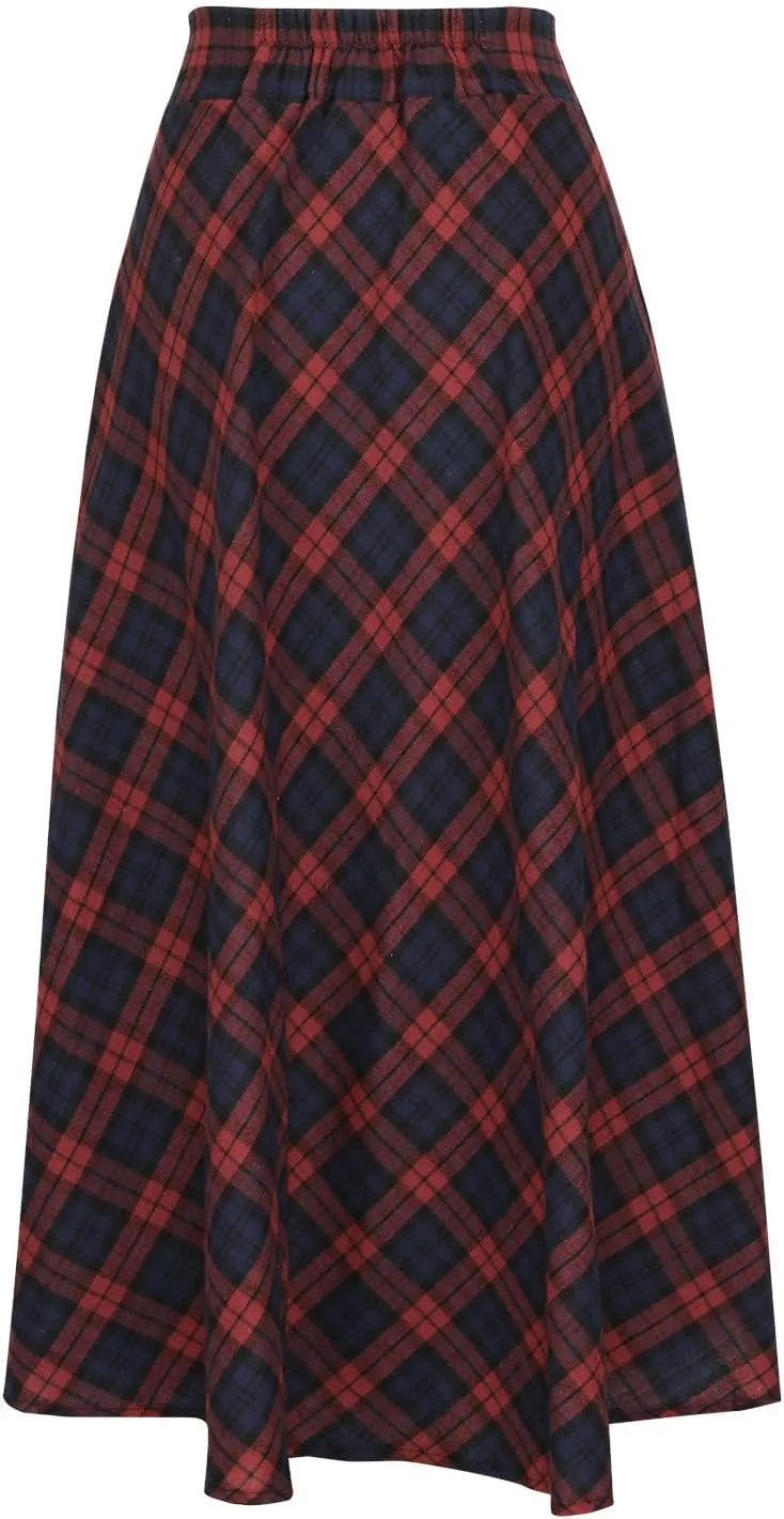 HGps8w Women's Vintage Plaid Wool Skirts, Elegant Elastic High Waist A-Line Pleated Tartan Midi Long Skirts