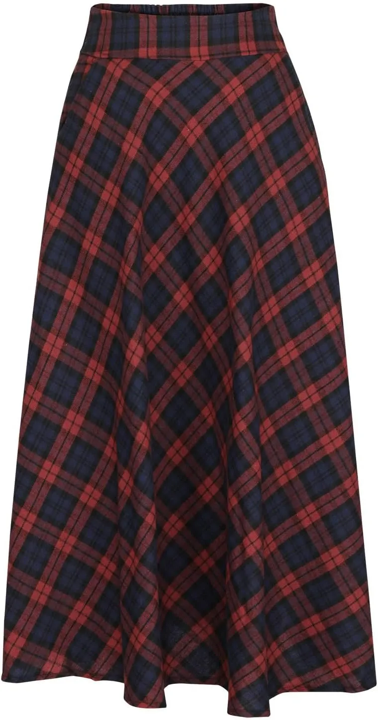 HGps8w Women's Vintage Plaid Wool Skirts, Elegant Elastic High Waist A-Line Pleated Tartan Midi Long Skirts