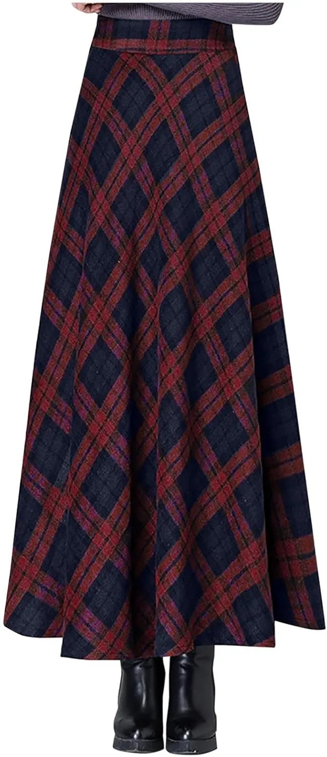 HGps8w Women's Vintage Plaid Wool Skirts, Elegant Elastic High Waist A-Line Pleated Tartan Midi Long Skirts