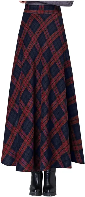 HGps8w Women's Vintage Plaid Wool Skirts, Elegant Elastic High Waist A-Line Pleated Tartan Midi Long Skirts