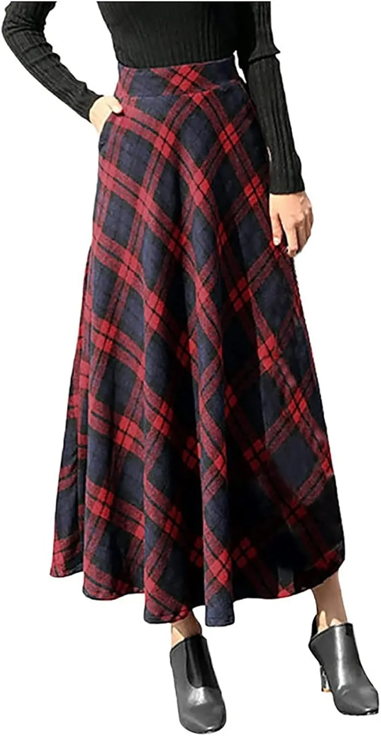 HGps8w Women's Vintage Plaid Wool Skirts, Elegant Elastic High Waist A-Line Pleated Tartan Midi Long Skirts