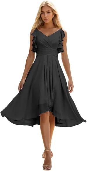 High Low Bridesmaid Dresses for Wedding Spaghetti Straps Short Formal Dress Chiffon Ruffle Evening Gown