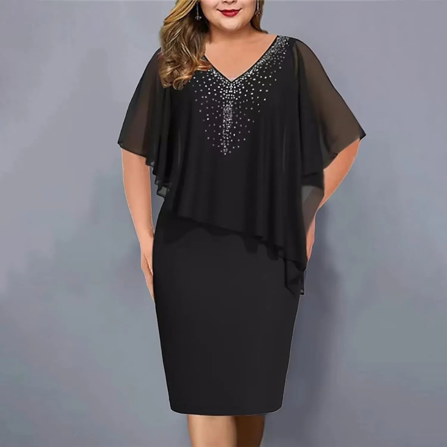 hlysgo Women's V Neck Short Sleeve Wedding Guest Dress Plus Size Bodycon Midi Dress Evening Party Club Cocktail Dresses
