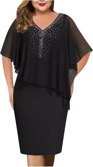 hlysgo Women's V Neck Short Sleeve Wedding Guest Dress Plus Size Bodycon Midi Dress Evening Party Club Cocktail Dresses