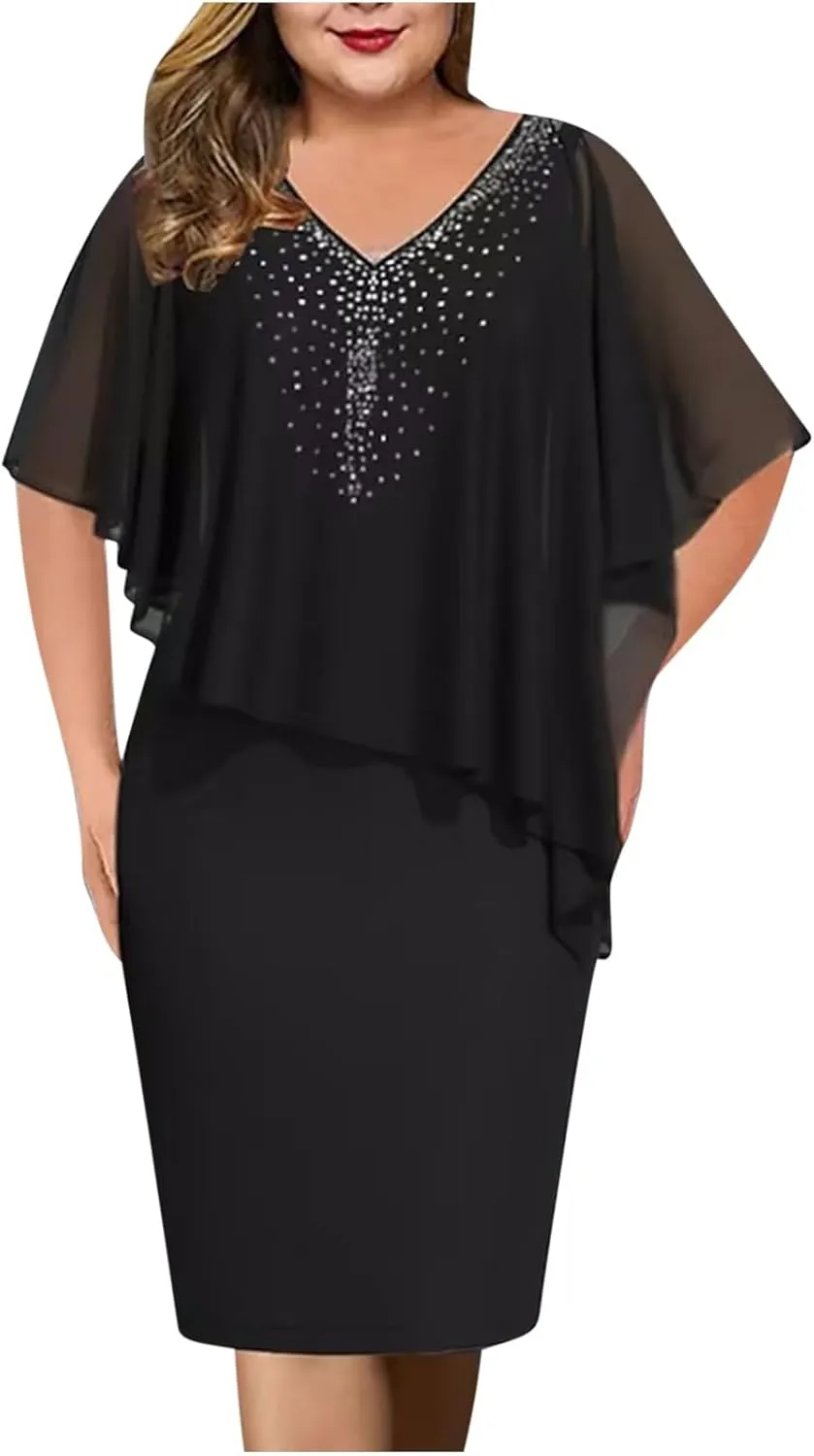hlysgo Women's V Neck Short Sleeve Wedding Guest Dress Plus Size Bodycon Midi Dress Evening Party Club Cocktail Dresses