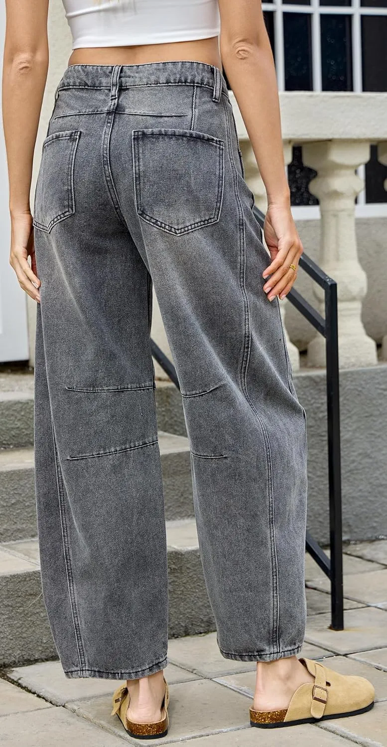 HUNGSON Women's Barrel Jeans Wide Leg Mid Rise Loose Y2k Baggy Boyfriend Jeans(Runs Small, Order Two Size Up