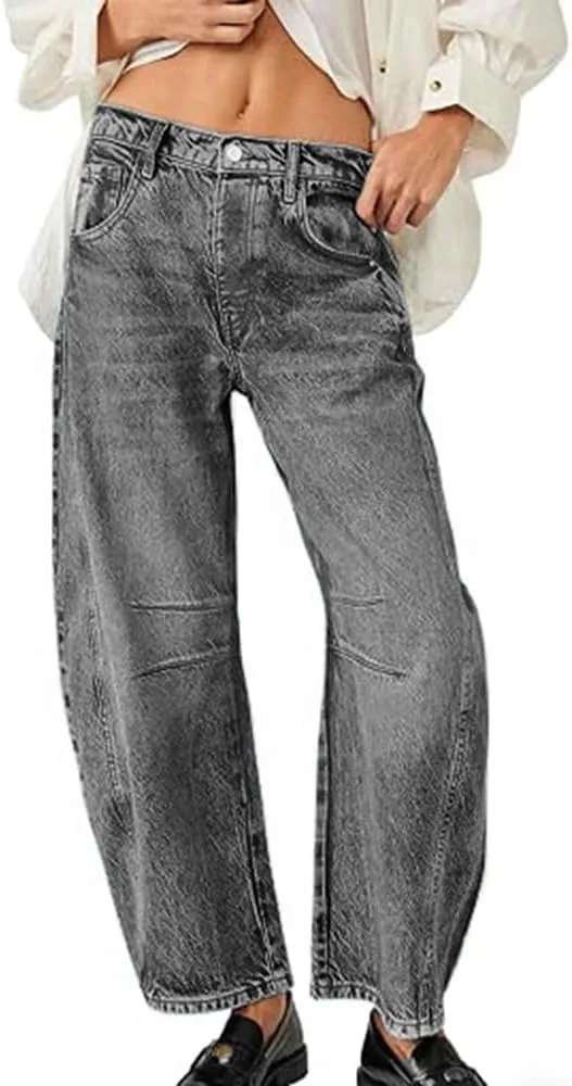 HUNGSON Women's Barrel Jeans Wide Leg Mid Rise Loose Y2k Baggy Boyfriend Jeans(Runs Small, Order Two Size Up