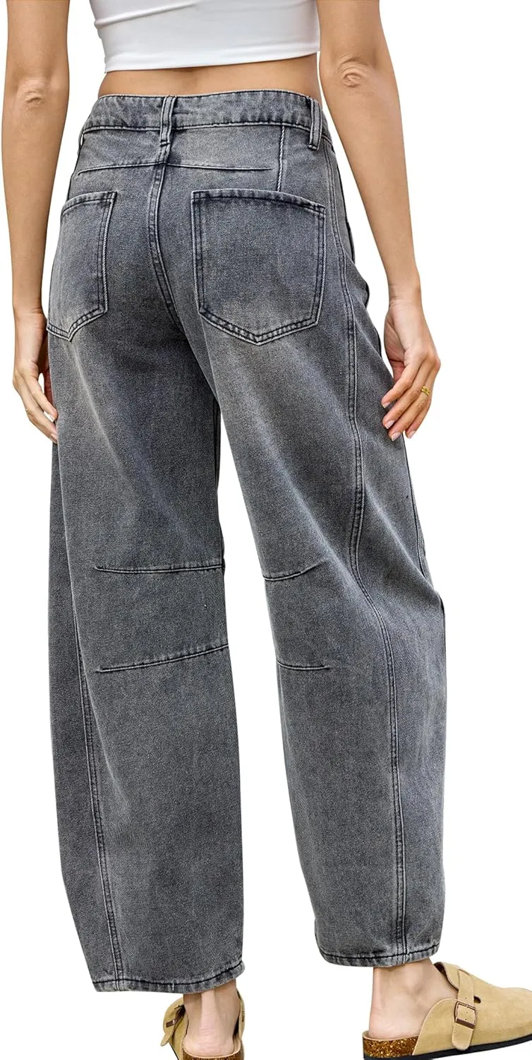 HUNGSON Women's Barrel Jeans Wide Leg Mid Rise Loose Y2k Baggy Boyfriend Jeans(Runs Small, Order Two Size Up