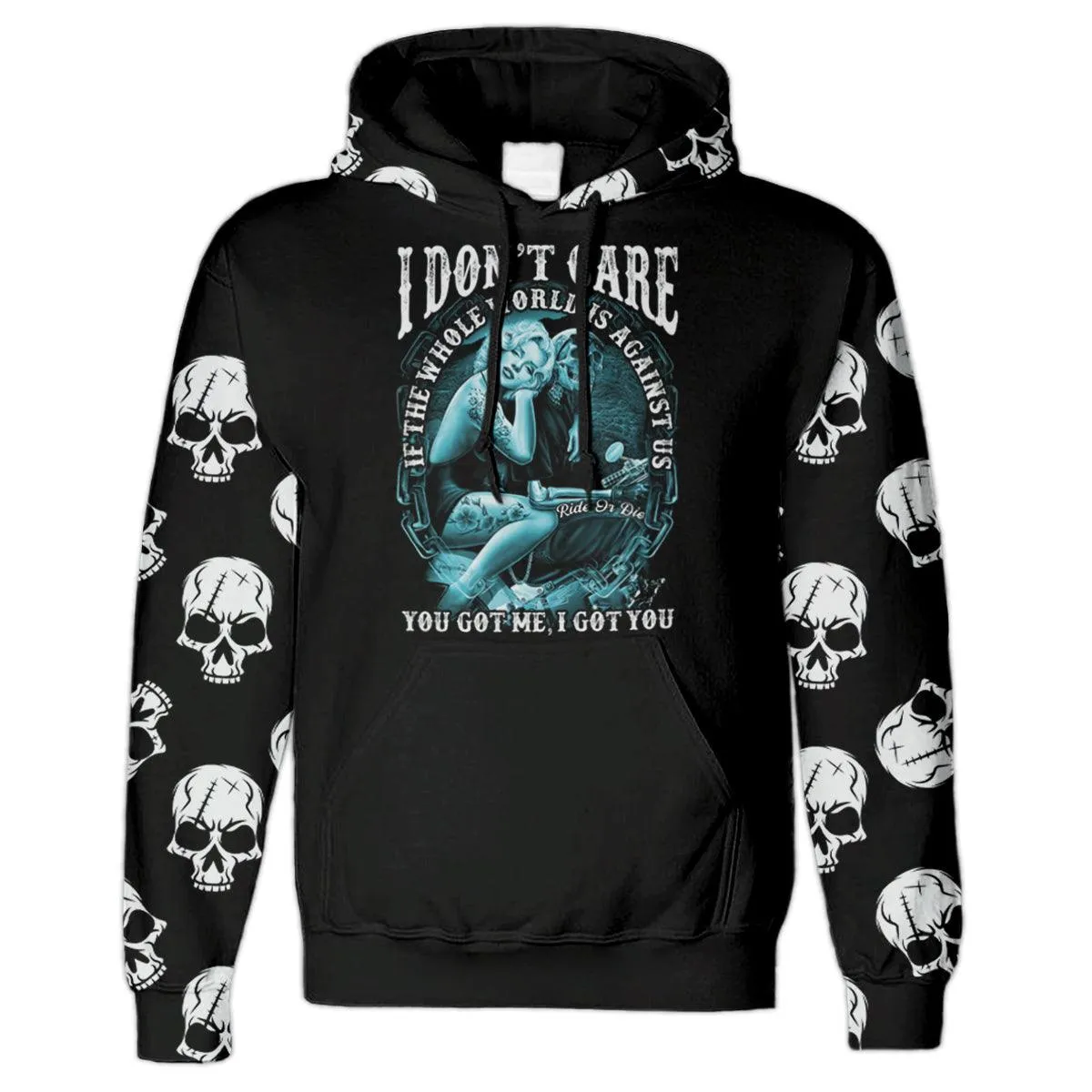 I Don't Care Skull Gothic Couple All Over Print Unisex Pullover Hoodie