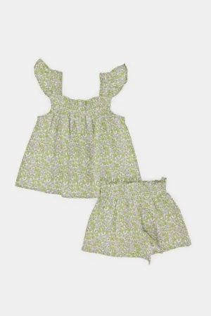 Infant Girls Green Print Blouse With Shorts (2 Piece)