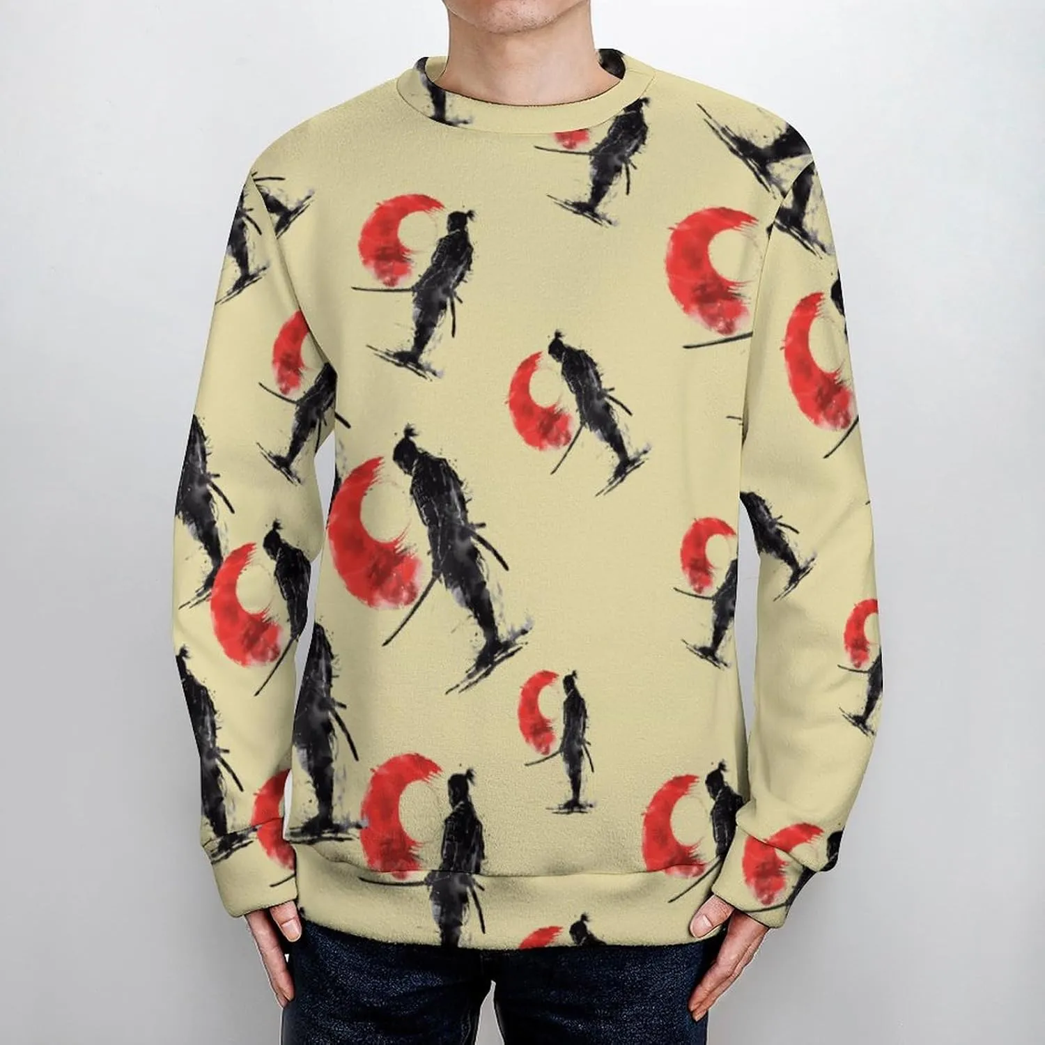 Japanese Samurai General Warrior Crew Neck Sweater Oversized Long Sleeve Pure Cotton Casual Knit Pullover Sweatshirt