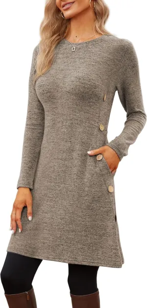Jar of Love Women's Long Sleeve Scoop Neck Button Side Causal Fall Dress with Pockets