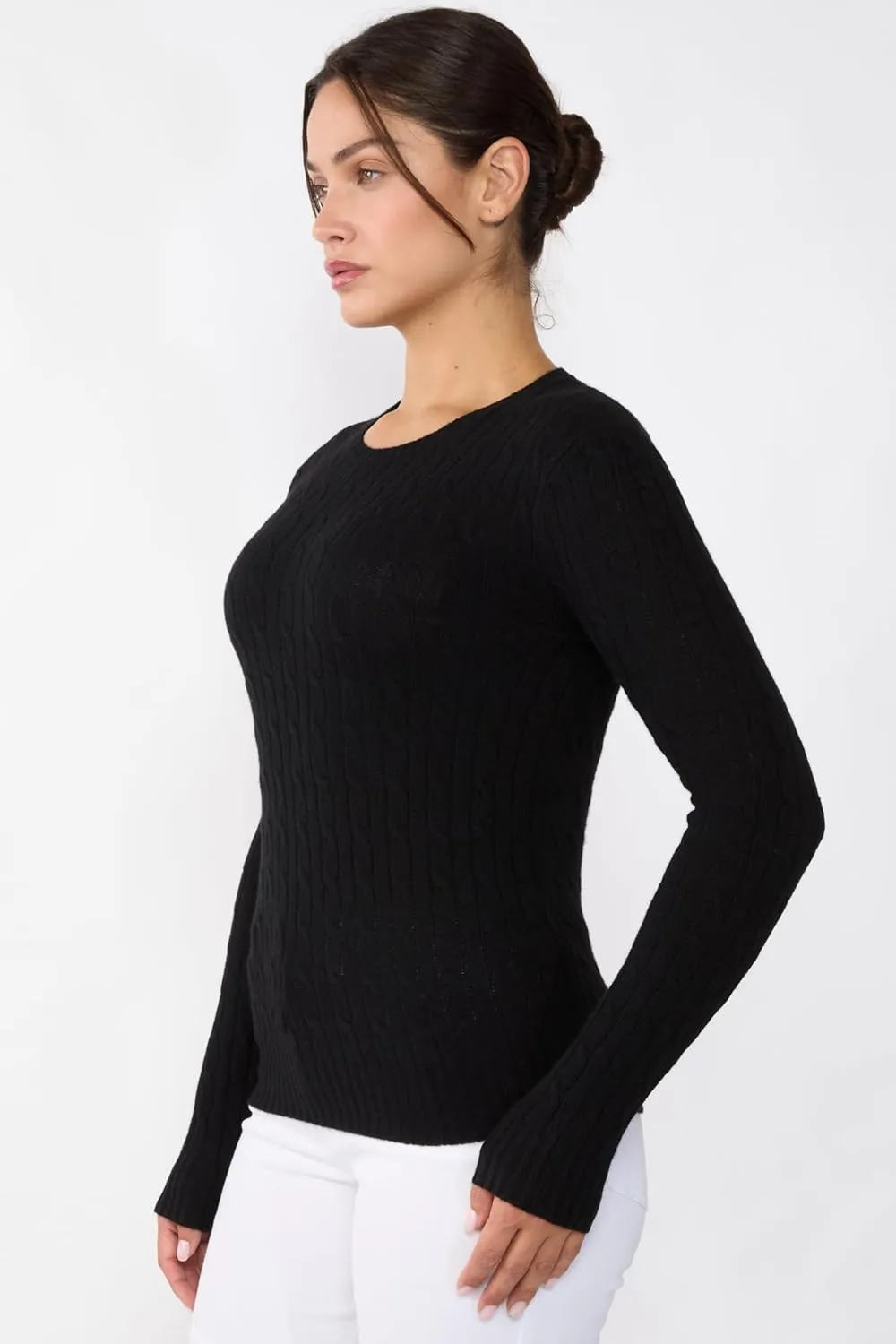 JENNIE LIU Women's 100% Cashmere Cable-Knit Long Sleeve Pullover Crew Neck Sweater