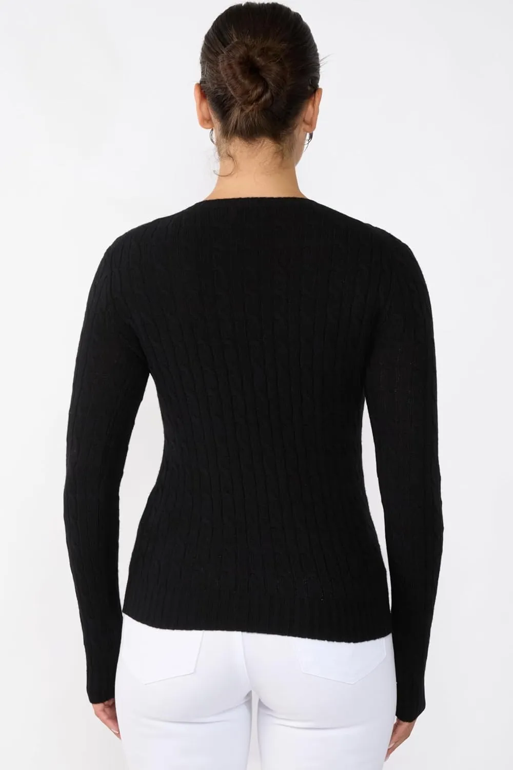 JENNIE LIU Women's 100% Cashmere Cable-Knit Long Sleeve Pullover Crew Neck Sweater