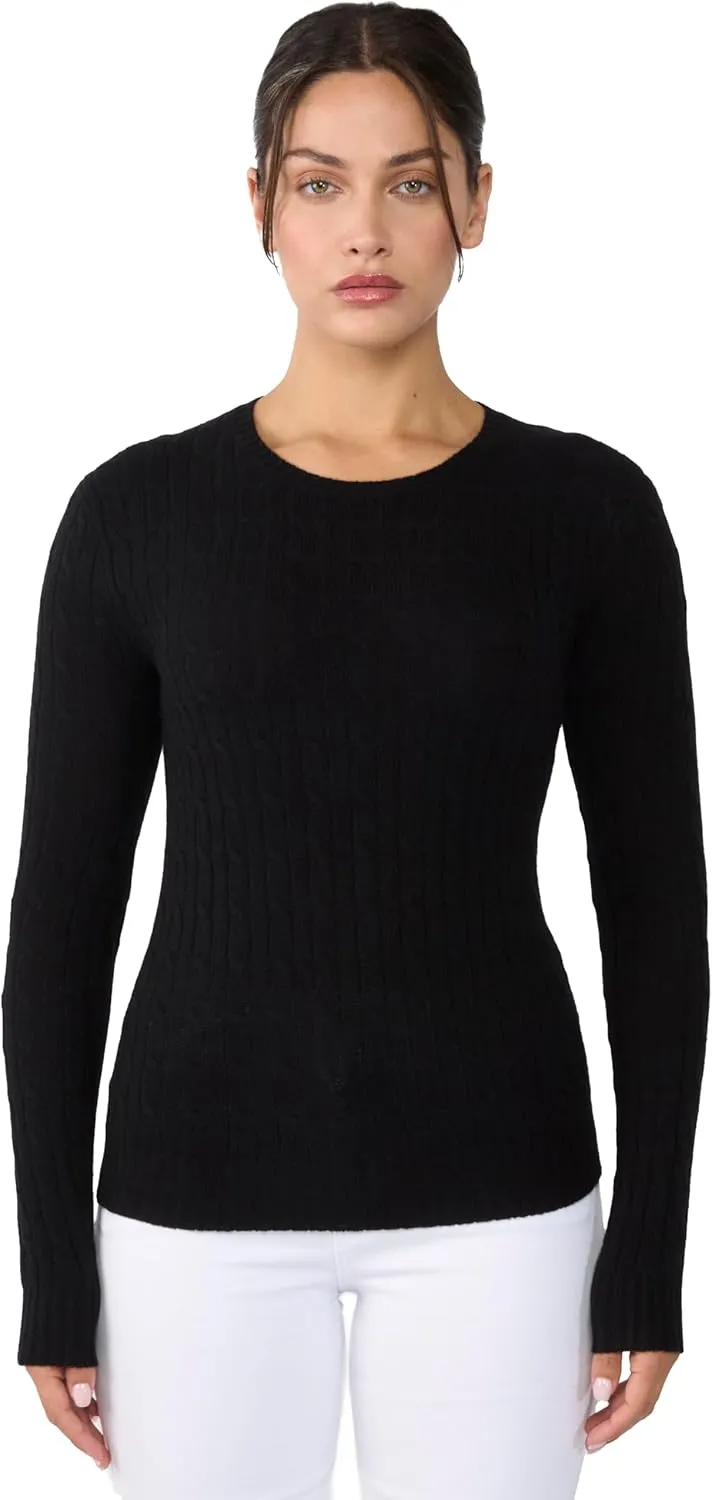 JENNIE LIU Women's 100% Cashmere Cable-Knit Long Sleeve Pullover Crew Neck Sweater