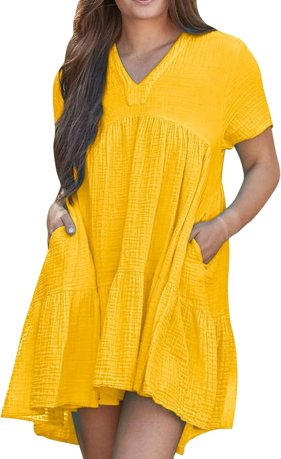 JOAU Women Summer Babydoll Dresses Cute Casual Short Sleeve V Neck Tiered Ruffle A Line Flowy Beach Mini Dress with Pockets