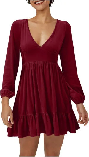 JOAU Women's 2024 Casual Long Sleeve Velvet Dresses Sexy Deep V Neck Ruffle Hem Empire Waist A Line Flowy Short Mini Dress